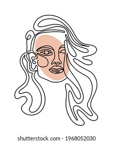 Ilustración vectorial del retrato lineal de hembra con cabello largo y cara beige