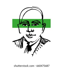 Vector illustration. Linear portrait of a man on a white background with a green die before his eyes.