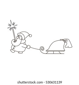 vector illustration of linear Santa Claus with sledge and bag of gifts. Coloring book page