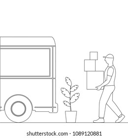 vector illustration of a linear silhouette of a loader carries boxes in a truck, moving to a new house, moving office, courier delivery