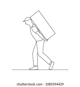 Vector illustration of linear silhouette porter man . Worker is carrying large box behind his back. Cartoon loader man. 
