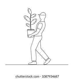 vector illustration of a linear silhouette of a working man carrying a large house flower in a pot, isolated on a white background