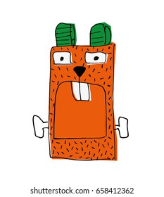 Vector illustration. Linear sketch. A hare with an open mouth and teeth in the form of a carrot.