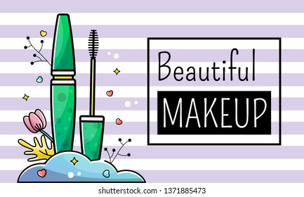 Vector illustration in a linear style for a beauty salon. Mascara for beautiful makeup. Banner with stripes for website.