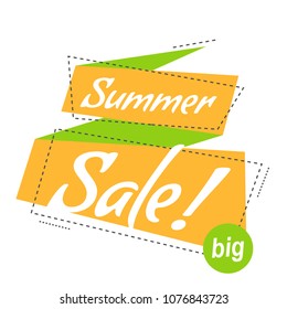 Vector illustration linear style. Bright promotion banner. flat bubble sticker or label. Text on yellow ribbon big summer sale.