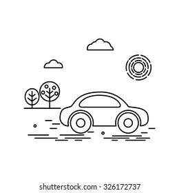 Vector illustration in linear style with car. Logo,  poster or banner template.