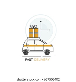 Vector illustration in linear style - car with giftbox present on the roof. Fast delivery concept.