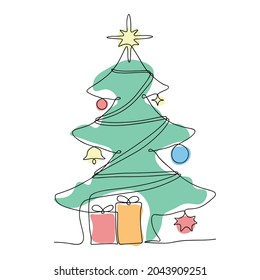 Vector illustration in a linear style. Christmas fir tree with Christmas decorations. New Year, Merry Christmas. Inscription for postcard, invitation, poster, banner.