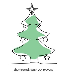 Vector illustration in a linear style. Christmas fir tree with Christmas decorations. New Year, Merry Christmas. Inscription for postcard, invitation, poster, banner.