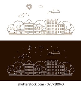 Vector illustration in linear style: day, night. Town, city and sky