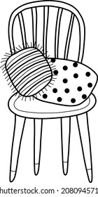 Vector illustration of linear style design of chair with soft decorative cushions on white background