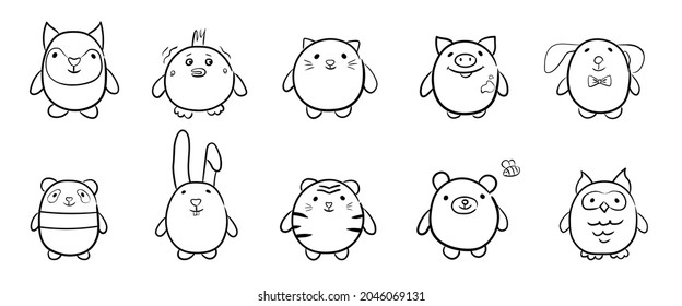 Vector illustration in linear style  Doodles cute animals    tiger  fox  bear  panda  chicken  owl  pig  rabbit  Cute design for children's books   coloring pages for preschoolers 