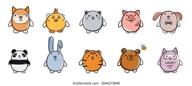 Vector illustration in a linear style. Doodles of cute animals - tiger, fox, bear, panda, chicken, owl, pig, rabbit. Cute design for children's books and coloring pages for preschoolers.