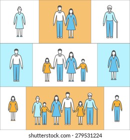 Vector illustration in linear style. Flat icons with people. Family: mother, father, daughter, son, grandfather, grandmother. People of different ages in outline style: girl, boy, woman, man, seniors.