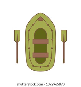 Vector illustration: linear style green inflatable boat with paddles isolated on white background Icon design for extreme sport, hikers, traveler clubs, expeditions, fishing, fisherman banners, cards
