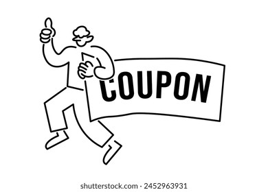 vector illustration in linear style guy coupon ticket voucher for discount or gift.