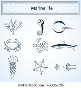 Vector illustration in a linear style icon set sea animals sea creatures