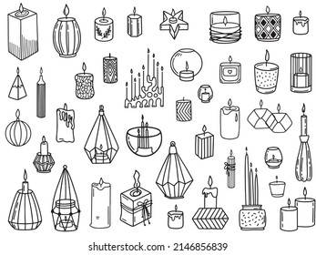Vector illustration of linear style logos with set of various candlesticks against white background