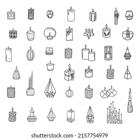 Vector illustration of linear style logos with set of various candlesticks against white background