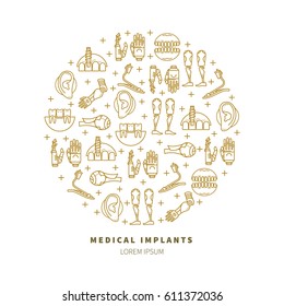 Vector illustration in a linear style with a variety of medical prosthesis. Dental surgery, prosthetic arms, legs, eyes. Medical prosthesis poster.
