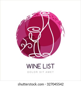 Vector illustration of linear wine bottle and glass in watercolor circle splash. Logo design template. Concept for wine list, bar menu, alcohol drinks.