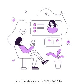Vector illustration of linear woman using smartphone to text message in social media while resting on comfortable chair at home. Flat style illustration, thin line art design