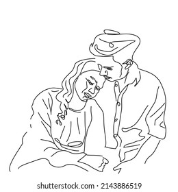 Vector illustration of the lineart hugging a reclining couple. One line drawing style. romantic couple