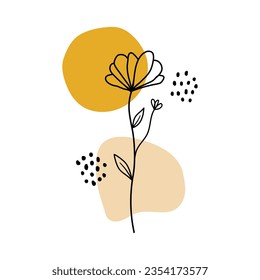 Vector illustration of lineart wildflower with moon. Design element for logos icons. Modern Boho style doodle art svg