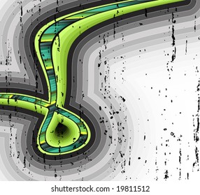 Vector illustration of a lined art curvy ribbon design with wavy elements and colored stripes. Washed out and textured grungy style.