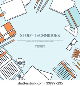 Vector illustration, lined. Flat backgrounds set. Distance education, learning. Online courses, web school. Knowledge, information. Study process. E-learning.