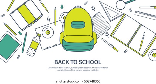Vector illustration, lined. Flat backgrounds set. Distance education, learning. Online courses, web school. Knowledge, information. Study process. E-learning.