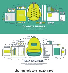 Vector illustration, lined. Flat backgrounds set. Distance education, learning. Online courses, web school. Knowledge, information. Study process. E-learning.