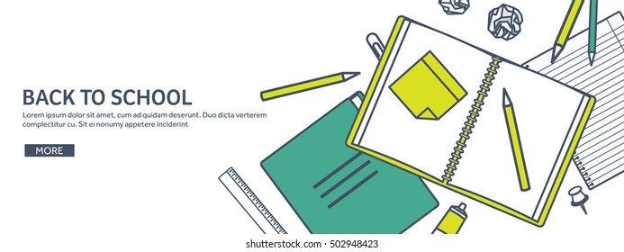 Vector illustration, lined. Flat backgrounds set. Distance education, learning. Online courses, web school. Knowledge, information. Study process. E-learning.
