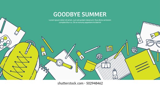 Vector illustration, lined. Flat backgrounds set. Distance education, learning. Online courses, web school. Knowledge, information. Study process. E-learning.