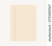 Vector illustration of a lined notebook paper with a beige background, featuring three punched holes on the left side, ideal for educational or office designs.