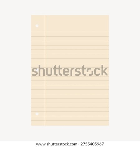 Vector illustration of a lined notebook paper with a beige background, featuring three punched holes on the left side, ideal for educational or office designs.
