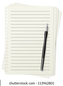 Vector illustration of lined paper sheets and fountain pen
