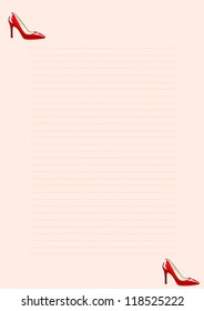 vector illustration of lined, pink writing paper, with red stiletto shoes at the top and at the bottom of the page