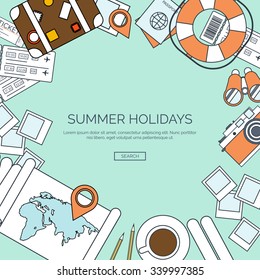 Vector illustration, lined. World travel concept background. Tourism. Holidays, vacation. Sea, ocean, land, air travelling. 