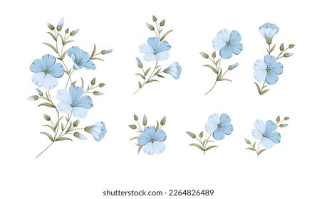 Vector illustration linen flowers. Isolated white background. Individual elements drawn flax.