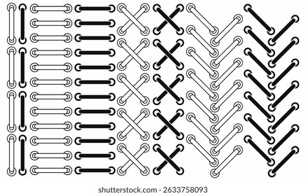 Linha de ilustração vetorial, contorno, conjunto de silhuetas de pontos e padrões de linha de ponto cruzado em preto e branco. Ideal para desenhos de bordados, detalhes de roupas, logotipo, símbolo, ícone e padrões de artesanato.
