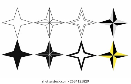 vector illustration line,outline,thin,silhouette of Four pointed star.black, white, grey,yellow variations, perfect for navigation, logo,symbol,decoration, branding, icons, and tattoo designs