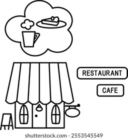  Vector illustration with lines of cafe building exterior, coffee and chocolate cake