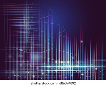 Vector illustration lines and colors in dark blue sky of space with civilization and imagination to time machine in the future. Abstract space background with matrix of glowing stardust in galaxy.