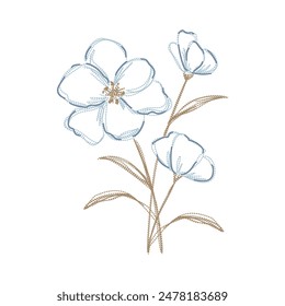 vector illustration in lines of embroidered bouquet of flowers in blue and ocher colors on a white background