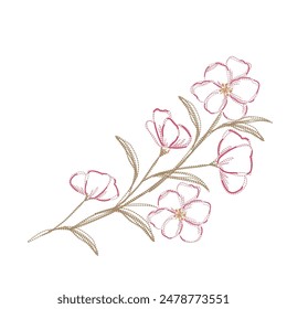 vector illustration in lines of embroidered bouquet of flowers in rose and red colors on a white background