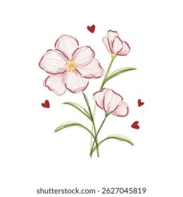 Ilustración vectorial en líneas de corazones bordados y ramo de flores en colores rojo, salmón y verde sobre un fondo blanco