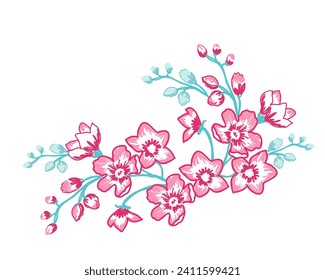 vector illustration in lines of embroidery branch of flowers buds and leaves in pink and green colors with white background