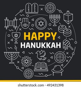 vector illustration lines icons happy hanukkah