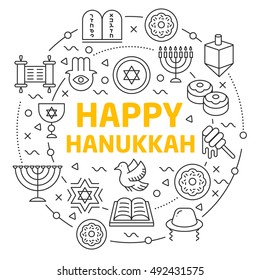 vector illustration lines icons happy hanukkah